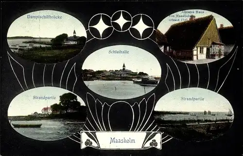 Ak Maasholm in Schleswig Holstein, Altes Haus, Strandpartie, Schleihalle, Dampfschiffbrücke