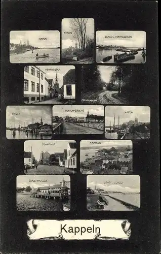 Ak Kappeln an der Schlei, Hafen, Pontonbrücke, Dehnthof, Schleipavillon, Kirche, Kehrwieder