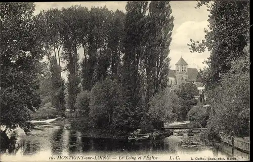 Ak Montigny-sur-Loing Seine-et-Marne, Le Loing et l'Eglise