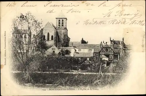 Ak Montigny-sur-Loing Seine-et-Marne, L'Eglise et le Loing