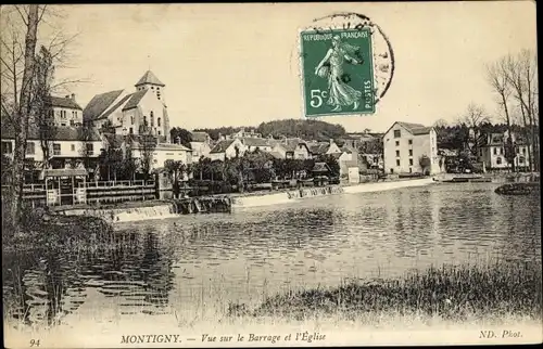 Ak Montigny-sur-Loing Seine-et-Marne, Vue sur le Barrage et l'Eglise