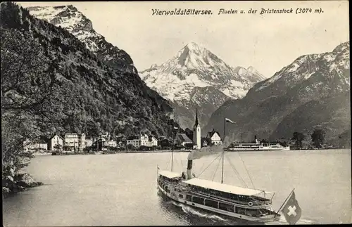 Ak Flüelen Kanton Uri Schweiz, Panorama, Bristenstock, Dampfer