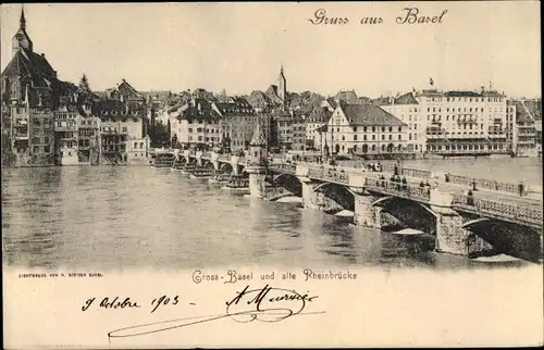 Ak Bâle Basel Stadt Schweiz, Panorama, alte Rheinbrücke