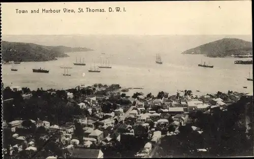 Ak Saint Thomas Amerikanische Jungferninseln, Town and Harbour View, Schiffe