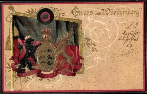 Präge Wappen Litho Gruß aus Württemberg, Fahne