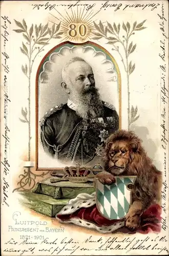 Wappen Litho Prinzregent Luitpold von Bayern, Portrait, Löwe