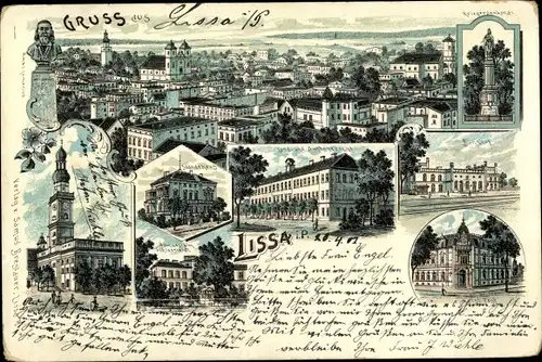 Litho Lissa Leszno Poznań Posen, Kriegerdenkmal, Bahnhof, Totalansicht, Ständehaus