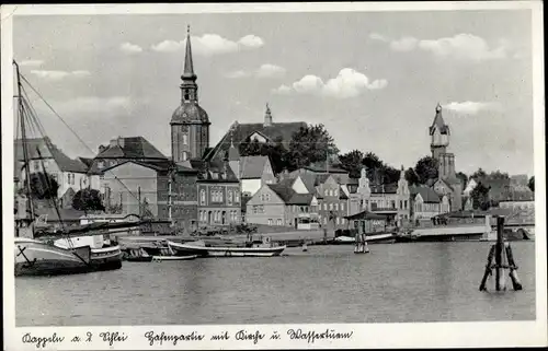 Ak Kappeln an der Schlei, Hafenpartie mit Kirche und Wasserturm