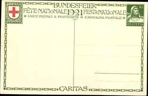 Ganzsachen Ak Schweiz, Bundesfeier 1921, Bergrettung, Männer, Trage, Caritas, Rotes Kreuz