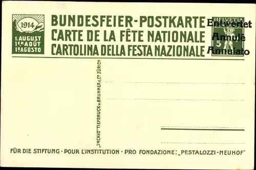 Ganzsachen Ak Stans Kt. Nidwalden Schweiz, Pestalozzi, Bundesfeier 1914