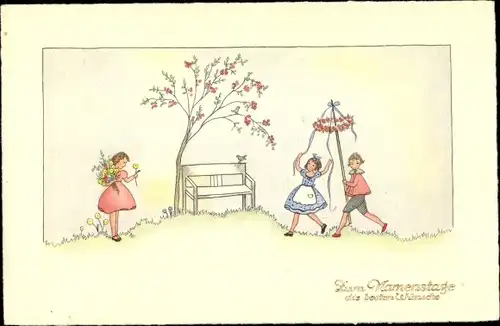Ak Glückwunsch Namenstag, Kinder, Blütenbaum, Bank