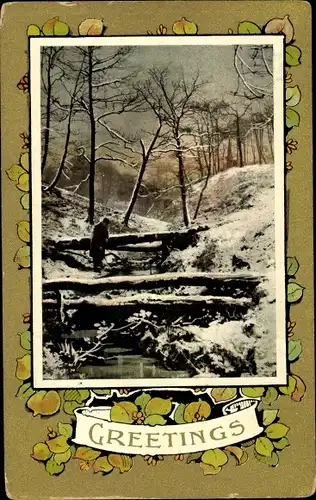 Passepartout Ak Greetings, Landschaft im Winter, Mann, Flusspartie