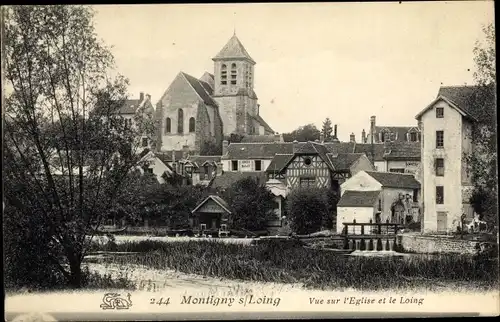 Ak Montigny-sur-Loing Seine-et-Marne, Vue sur l'Eglise et le Loing