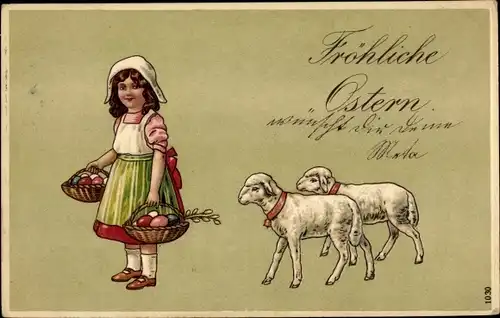 Präge Litho Glückwunsch Ostern, Mädchen mit Ostereiern, Schafe