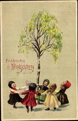 Präge Ak Glückwunsch Pfingsten, Kinder tanzen um Baum