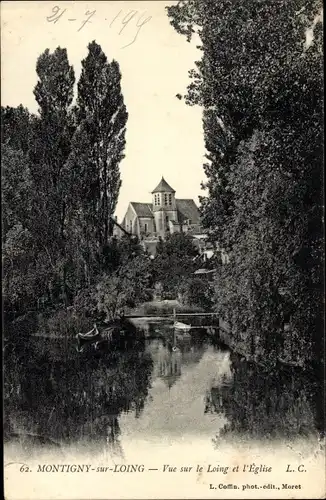 Ak Montigny-sur-Loing Seine-et-Marne, Vue sur le Loing et l'Eglise