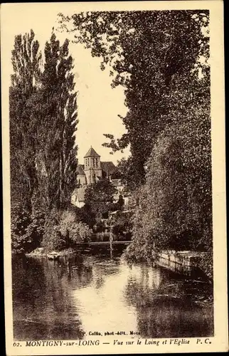 Ak Montigny-sur-Loing Seine-et-Marne, Vue sur le Loing et l'Eglise