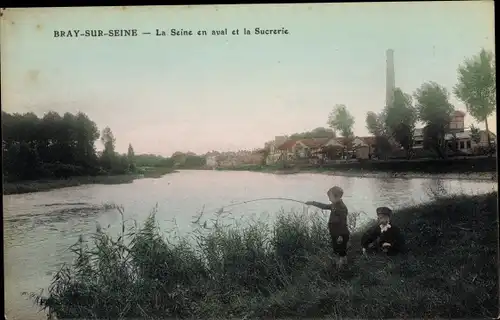 Ak Bray sur Seine Seine et Marne, La Seine en aval et la Sucrerie