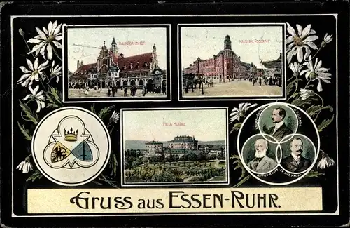 Wappen Ak Essen Ruhrgebiet, Hauptbahnhof, Kaiserliches Postamt, Alfred und Friedrich Krupp
