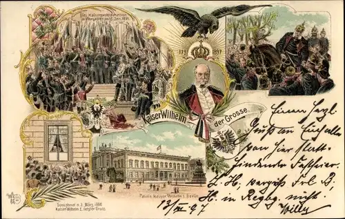 Litho Kaiser Wilhelm I. von Preußen, Adler, Palais, Kaiserproklamation