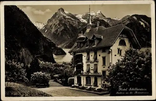 Ak Sisikon Kt Uri, Hotel Schillerstein, Axenstraße, Gebirge