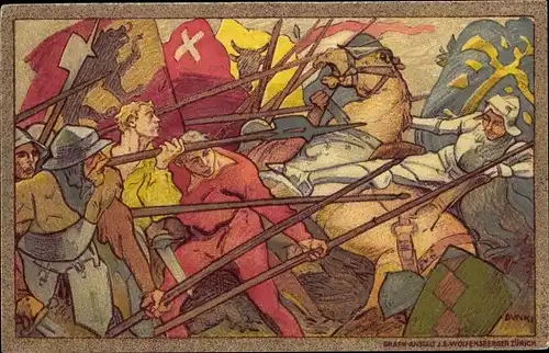 Ganzsachen Künstler Ak Schweiz, Schlacht, Fahnen, Lanzen, Bundesfeier 1916