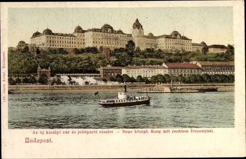 Ak Budapest Ungarn, Neue königliche Burg mit rechtem Donauquai, Salondampfer