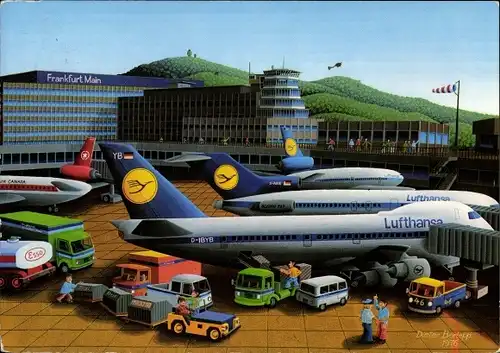 Künstler Ak Berlepp, Dieter, Frankfurt am Main, Flughafen, Deutsche Passagierflugzeuge, Lufthansa