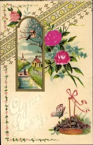Glitzer Präge Litho Agnes Levy, Schmetterling, Rosen, Blumen, Landschaft