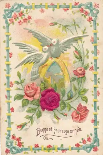 Stoff Präge Litho Tauben, Rosen, Kitsch