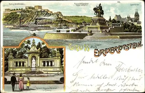 Ak Ehrenbreitstein Koblenz am Rhein, Panorama, Festung, Denkmal Kaiser Wilhelm I. & Kaiserin Augusta