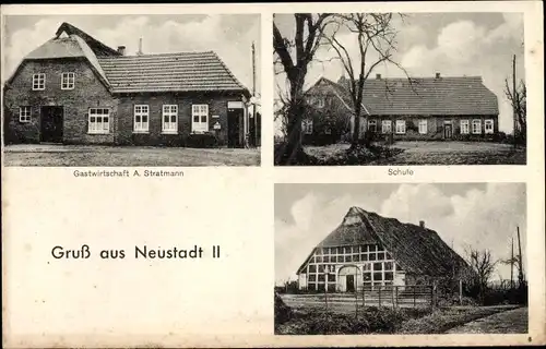 Ak Neustadt in Holstein, Gastwirtschaft A. Stratmann, Schule, Reetdach