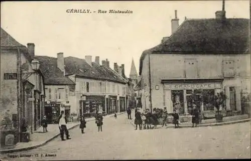 Ak Cérilly Allier, Rue Mistaudin, Grand Cafe