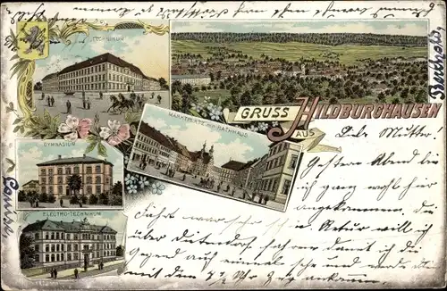 Litho Hildburghausen in Thüringen, Marktplatz mit Rathaus, Gymnasium, Technikum, Elektro Technikum