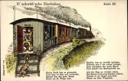 Lied Litho D' schwäb'sche Eisebahne, Karte III, Eisenbahn, Ziege, Schwaben