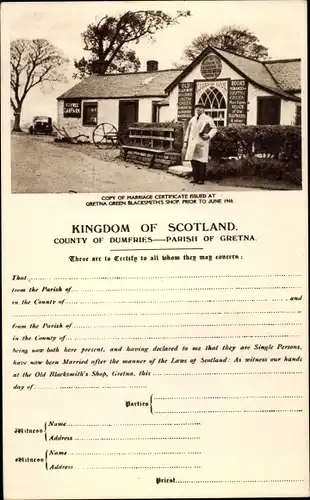 Ak Gretna Schottland, Copy of Marriage Certificate