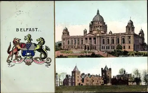 Wappen Ak Belfast Nordirland, New City Hall, Campbell College, Wappen