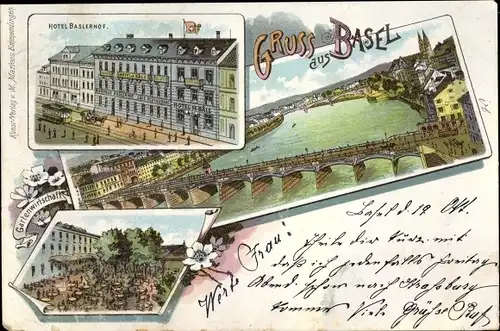 Litho Bâle Basel Stadt Schweiz, Hotel Baslerhof, Brücke, Gartenwirtschaft