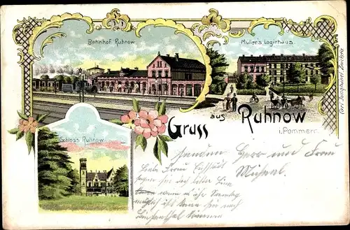 Litho Runowo Ruhnow Pommern, Bahnhof, Gleisseite, Müller's Logierhaus, Schloss
