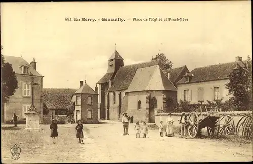 Ak Genouilly Cher, Place de l'Eglise et Presbytere