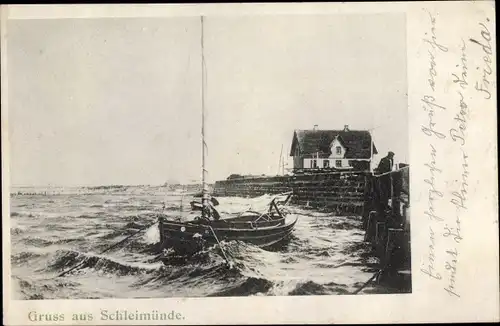 Ak Kappeln an der Schlei, Lotseninsel Schleimünde, Haus, Fischerboot