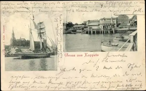 Ak Kappeln an der Schlei, Segelschiff, Blick auf den Ort