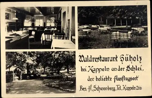 Ak Hüholz Kappeln an der Schlei, Waldrestaurant, Gartenpartie, Innenansicht