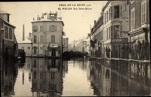 Ak Melun Seine et Marne, Crue de la Seine 1910, Rue Saint Qieane