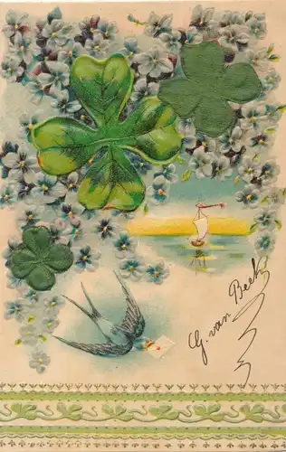 Stoff Präge Litho Schwalbe, Kleeblätter, Blumen, Kitsch