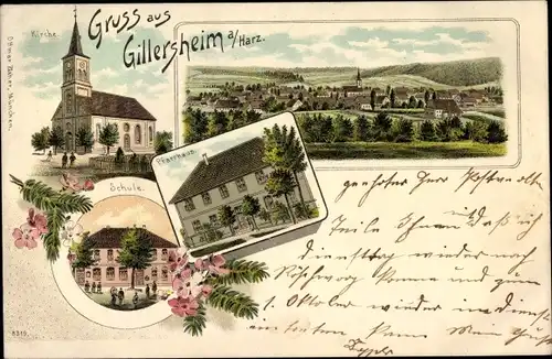 Passepartout Litho Gillersheim Katlenburg-Lindau, Panorama, Kirche, Schule, Pfarrhaus