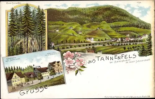 Litho Buhlbach Baiersbronn, Tannenfels, Panorama, Ruine Tannenfels, Gasthaus zur Schwane, Handlung