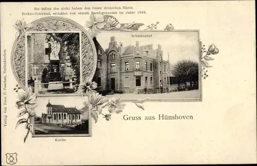 Passepartout Ak Hünshoven Geilenkirchen in Nordrhein Westfalen, Schützenhof, Kirche, Becker Denkmal