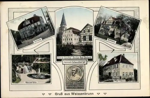 Ak Weißenbrunn in Oberfranken, Schule, Wasserfälle, Gasthof, Heinrich Schaumberger, Schloss