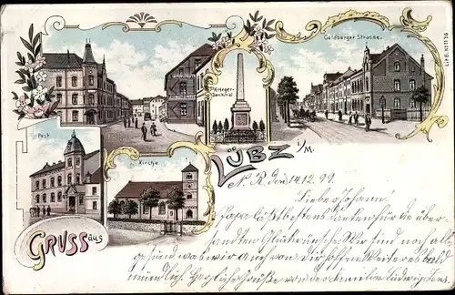 Litho Lübz in Mecklenburg, Kriegerdenkmal, Goldberger Straße, Post, Kirche, Straßenpartie